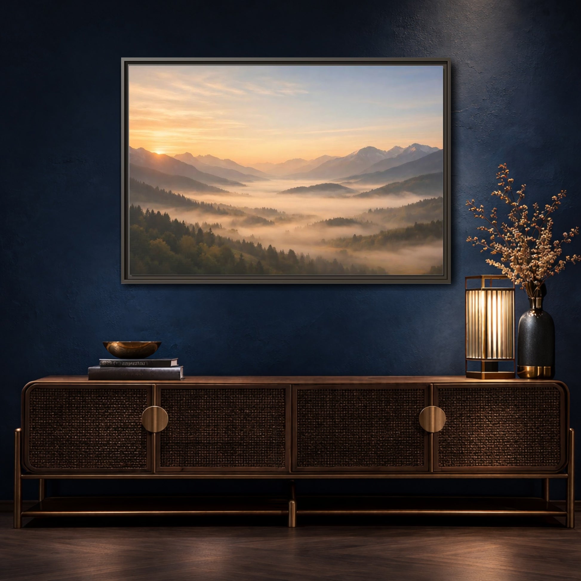 Mockup 4. Nature Misty Mountains Misty Mountain Sunrise shown as stretched canvas wall art