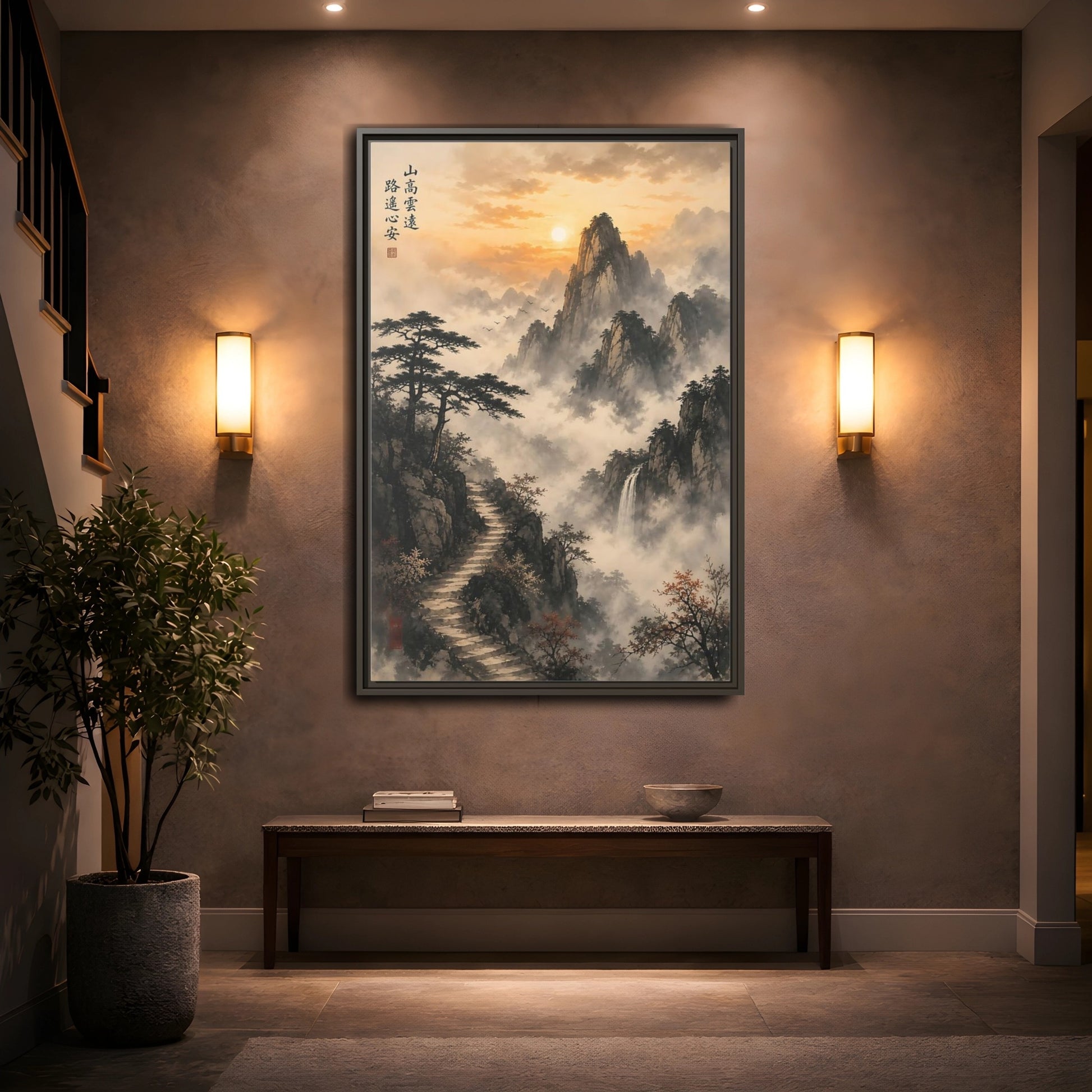 Mockup 2. Nature Misty Mountains Orange Gray shown as stretched canvas wall art