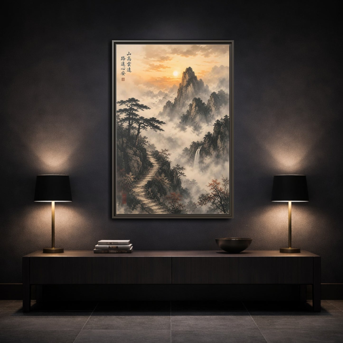 Mockup 3. Nature Misty Mountains Orange Gray shown as stretched canvas wall art