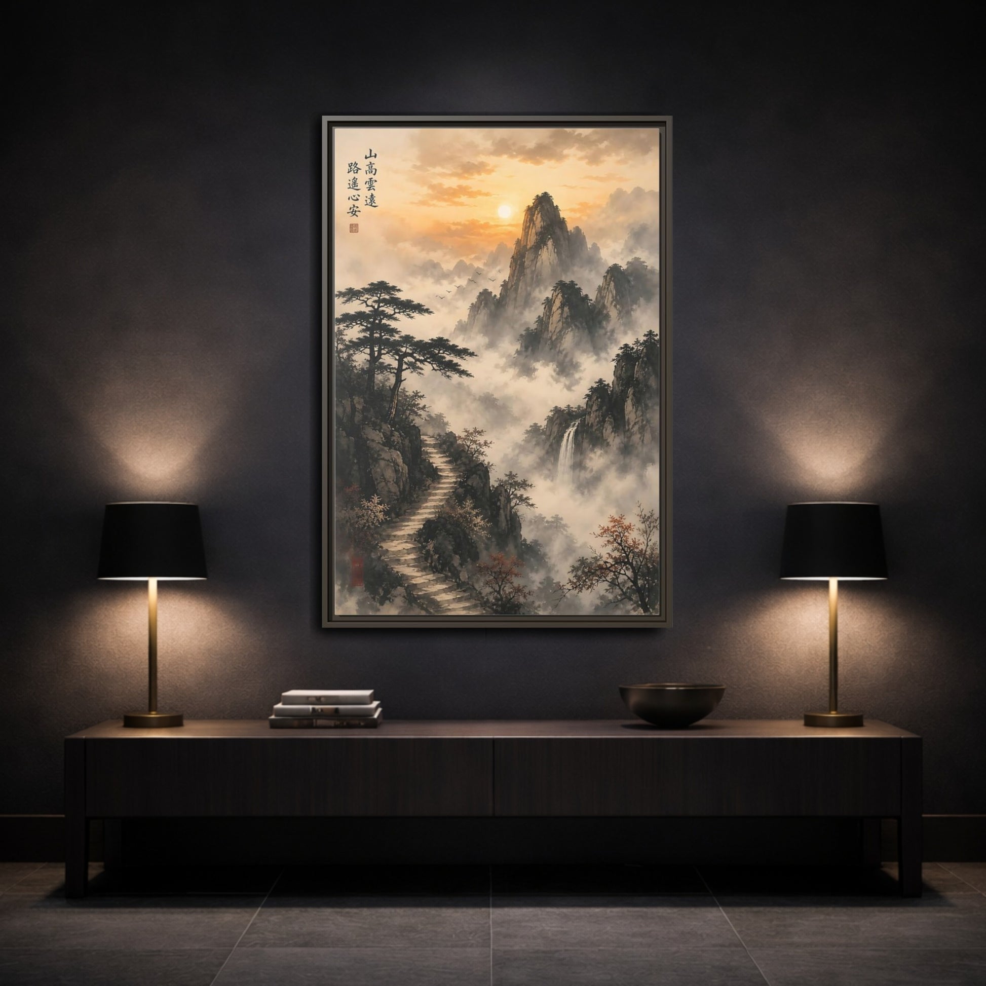 Mockup 3. Nature Misty Mountains Orange Gray shown as stretched canvas wall art