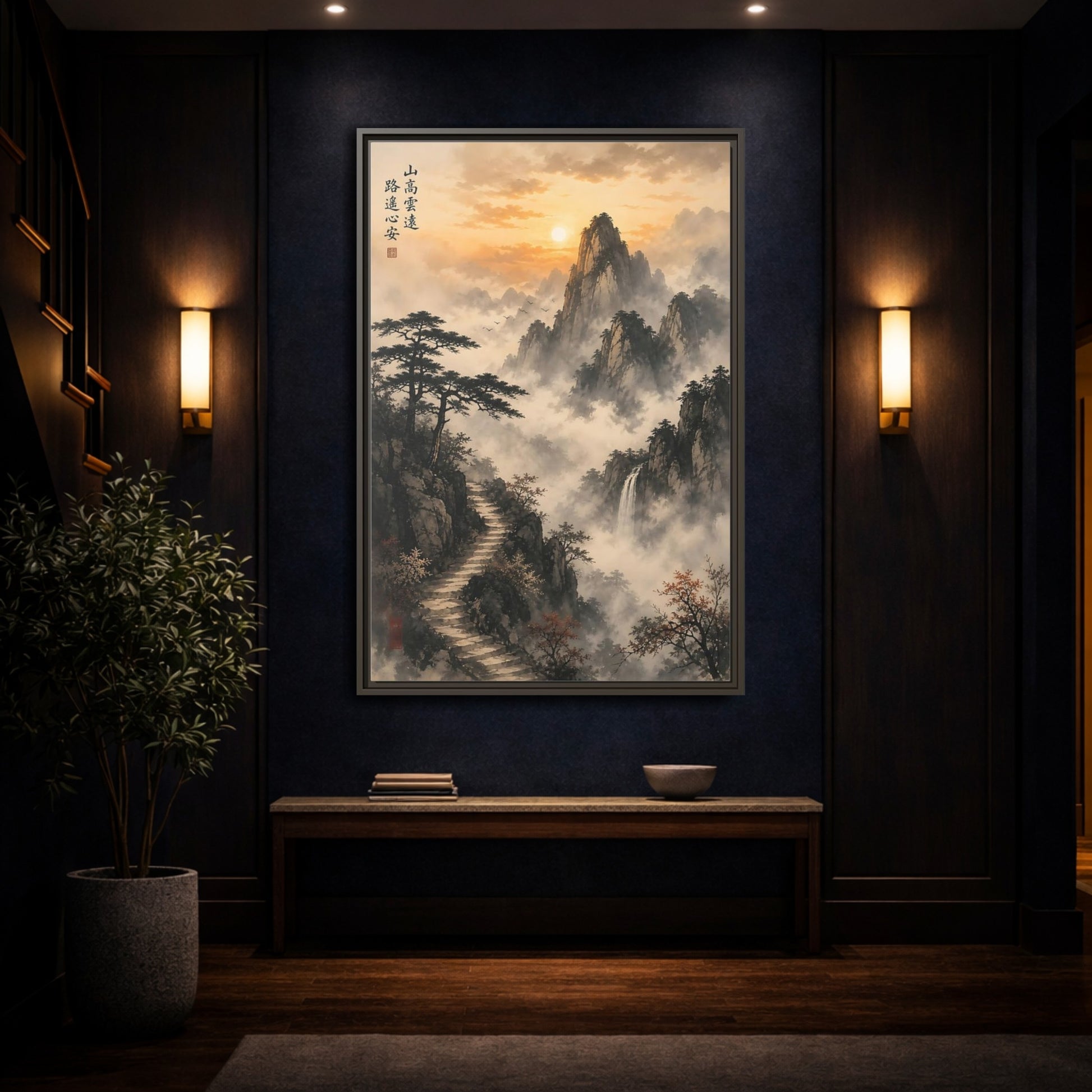 Mockup 4. Nature Misty Mountains Orange Gray shown as stretched canvas wall art