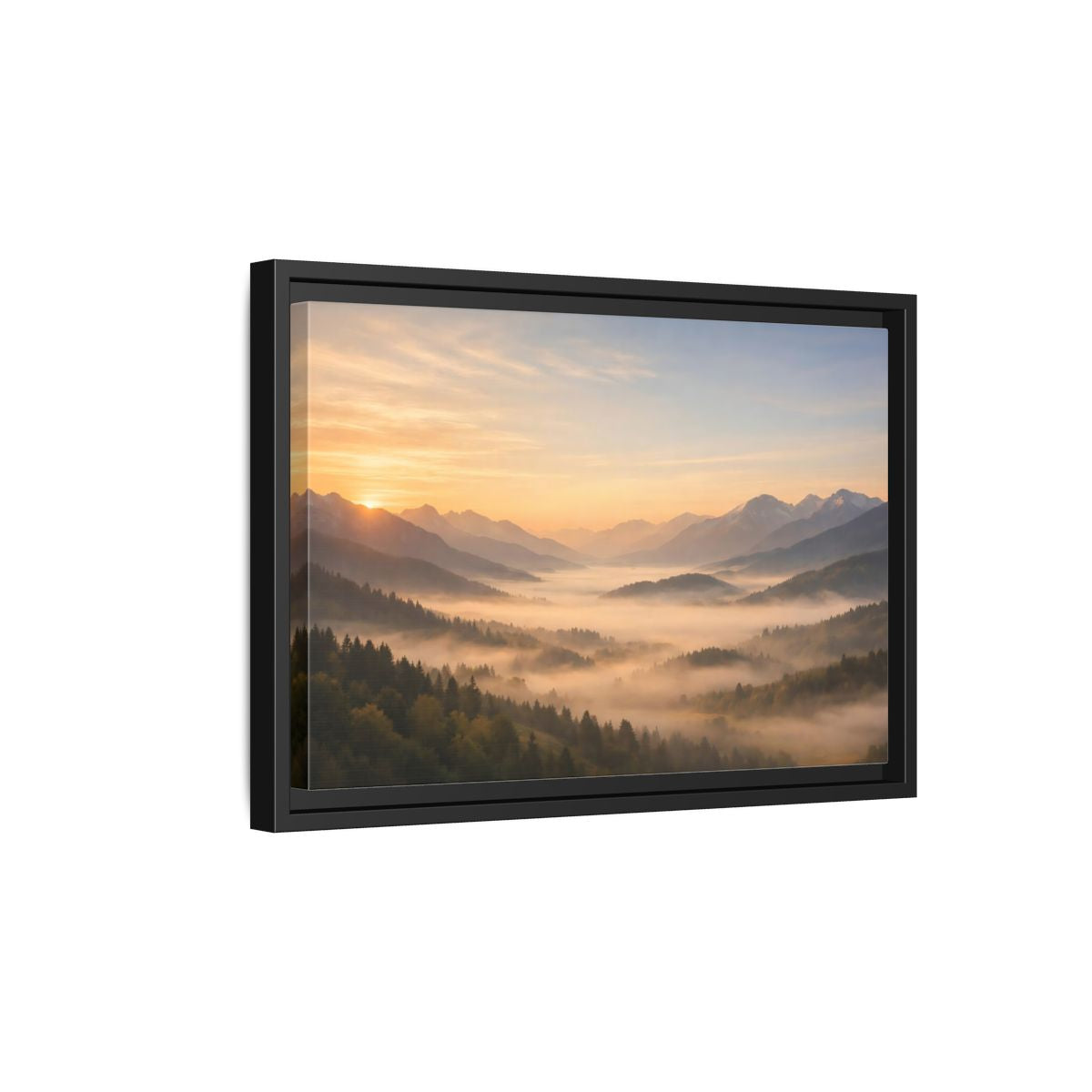 Side Mockup 6. Nature Misty Mountains Misty Mountain Sunrise shown as stretched canvas wall art