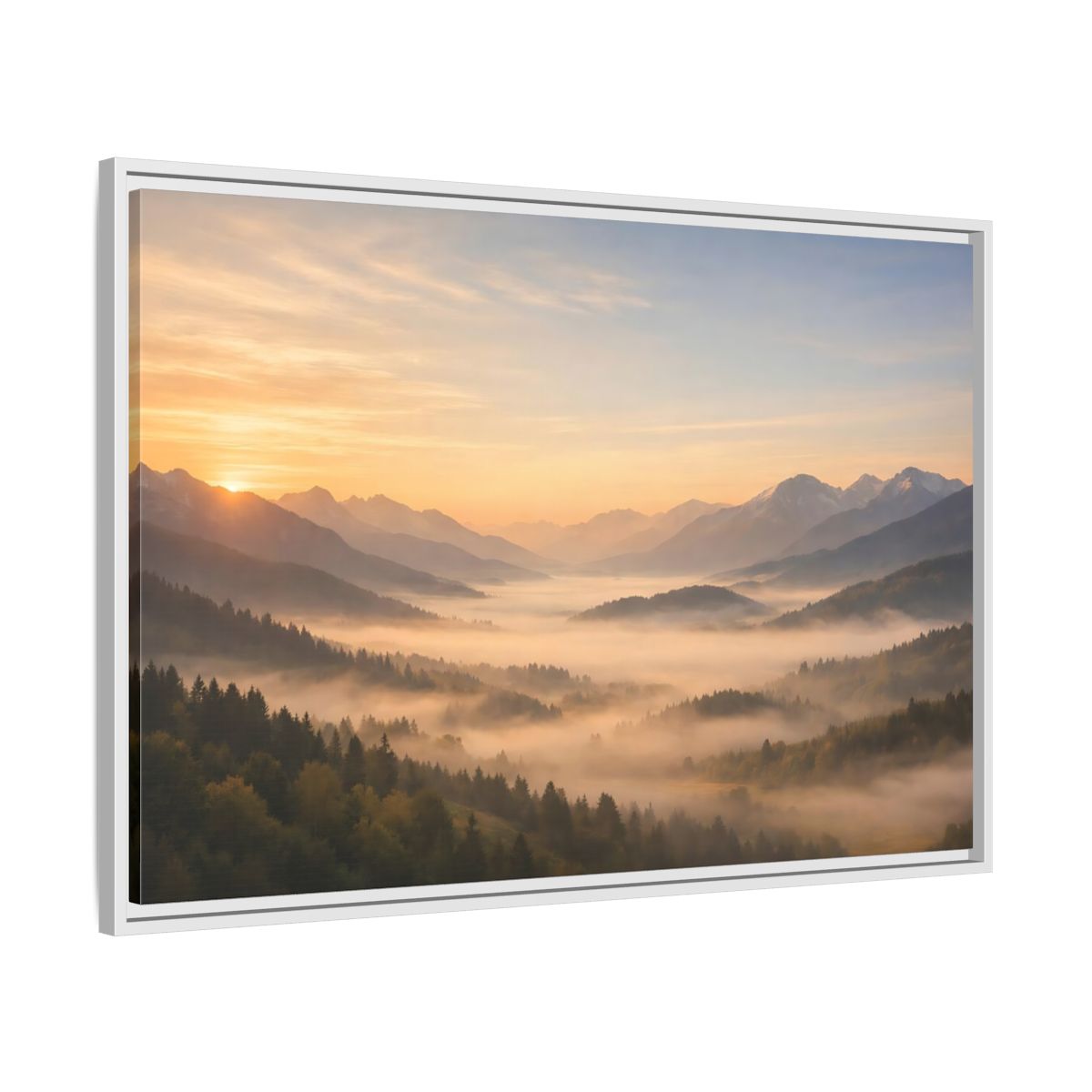 Side Mockup 9. Nature Misty Mountains Misty Mountain Sunrise shown as stretched canvas wall art