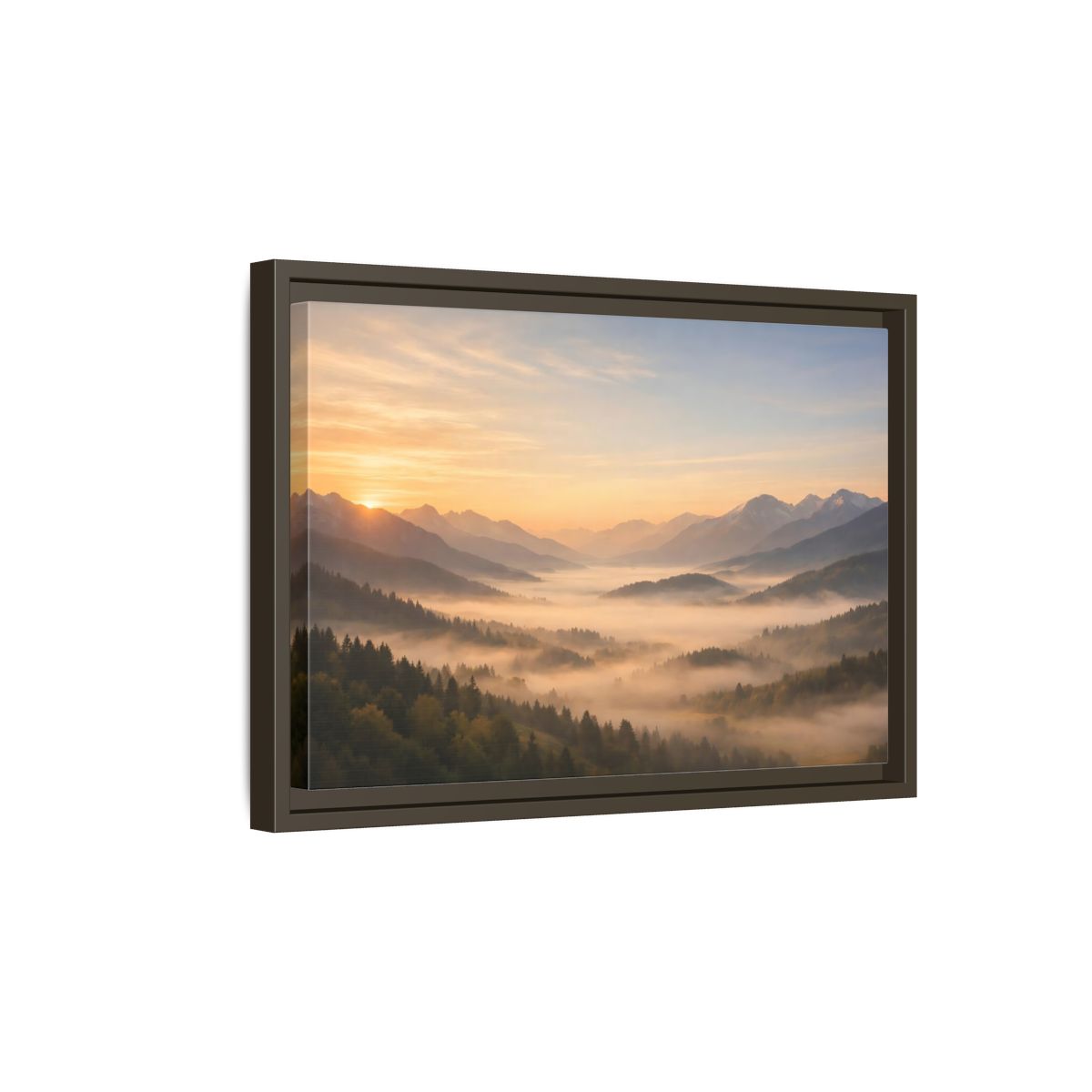 Side Mockup 5. Nature Misty Mountains Misty Mountain Sunrise shown as stretched canvas wall art