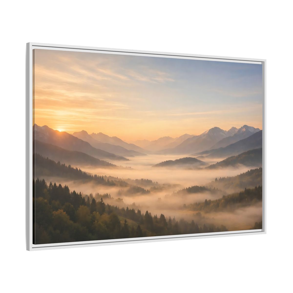 Side Mockup 7. Nature Misty Mountains Misty Mountain Sunrise shown as stretched canvas wall art