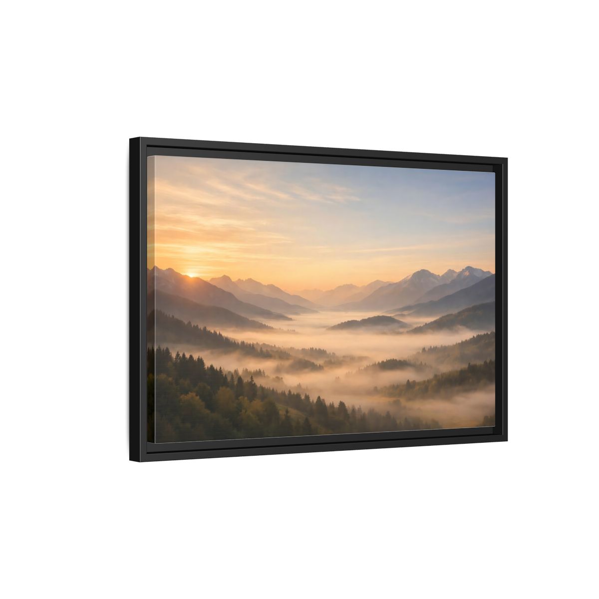 Side Mockup 3. Nature Misty Mountains Misty Mountain Sunrise shown as stretched canvas wall art