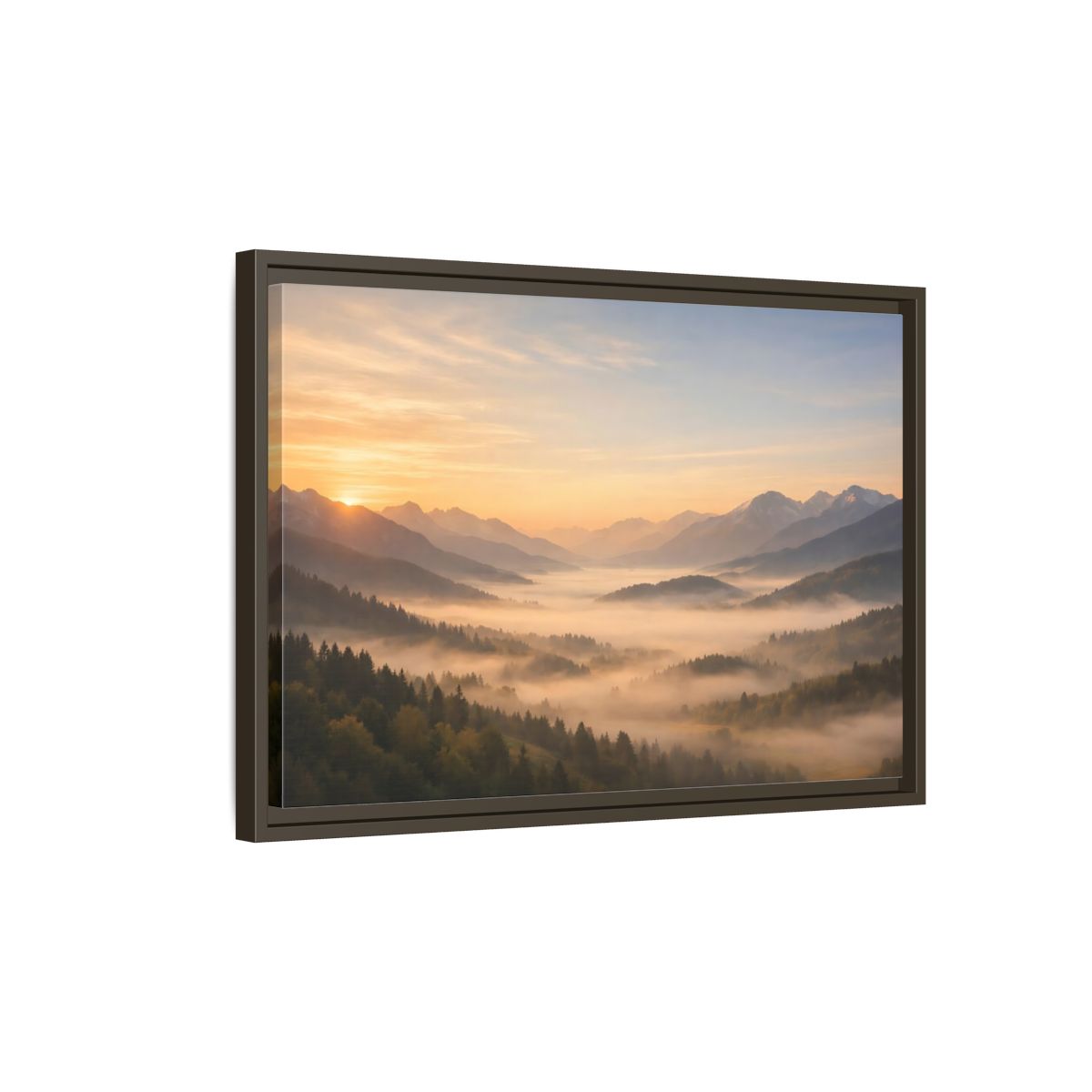 Side Mockup 2. Nature Misty Mountains Misty Mountain Sunrise shown as stretched canvas wall art