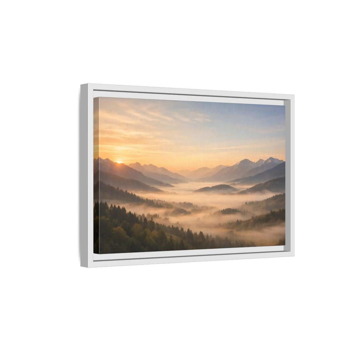 Side Mockup 4. Nature Misty Mountains Misty Mountain Sunrise shown as stretched canvas wall art