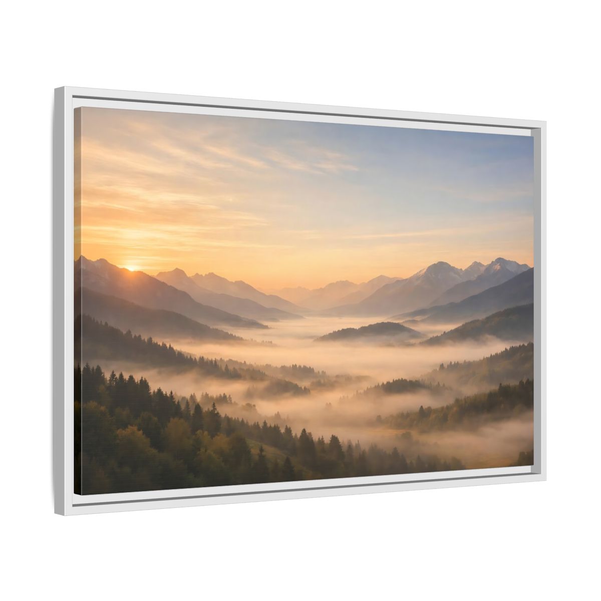 Side Mockup 10. Nature Misty Mountains Misty Mountain Sunrise shown as stretched canvas wall art