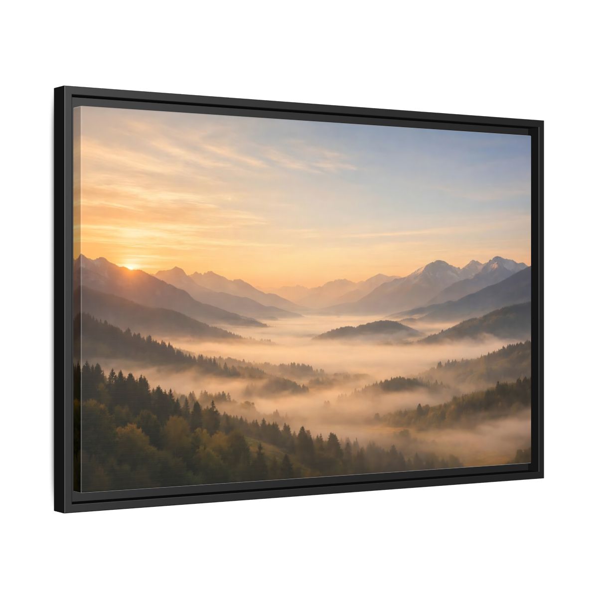 Side Mockup 14. Nature Misty Mountains Misty Mountain Sunrise shown as stretched canvas wall art
