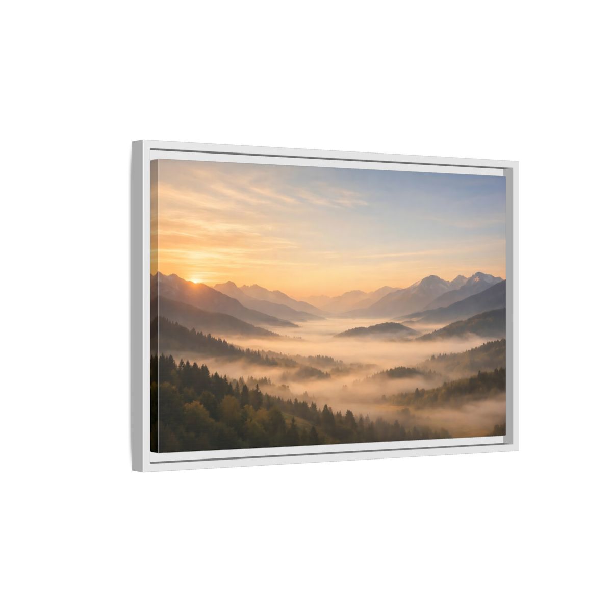Side Mockup 1. Nature Misty Mountains Misty Mountain Sunrise shown as stretched canvas wall art