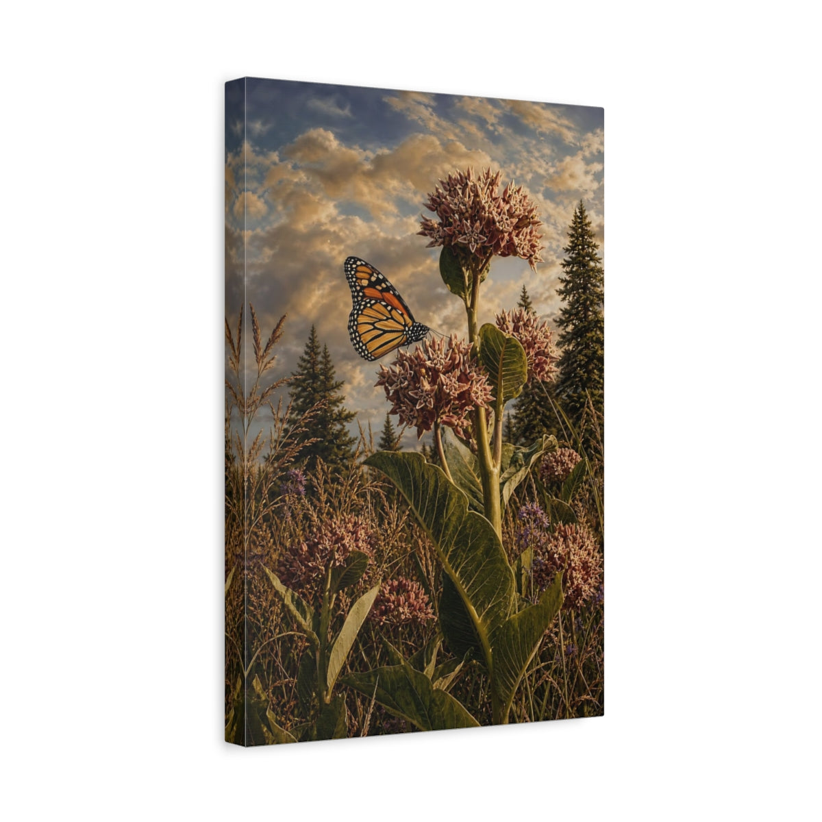 Side Mockup 4. Nature Monarch Butterfly Monarch Butterfly Field shown as stretched canvas wall art