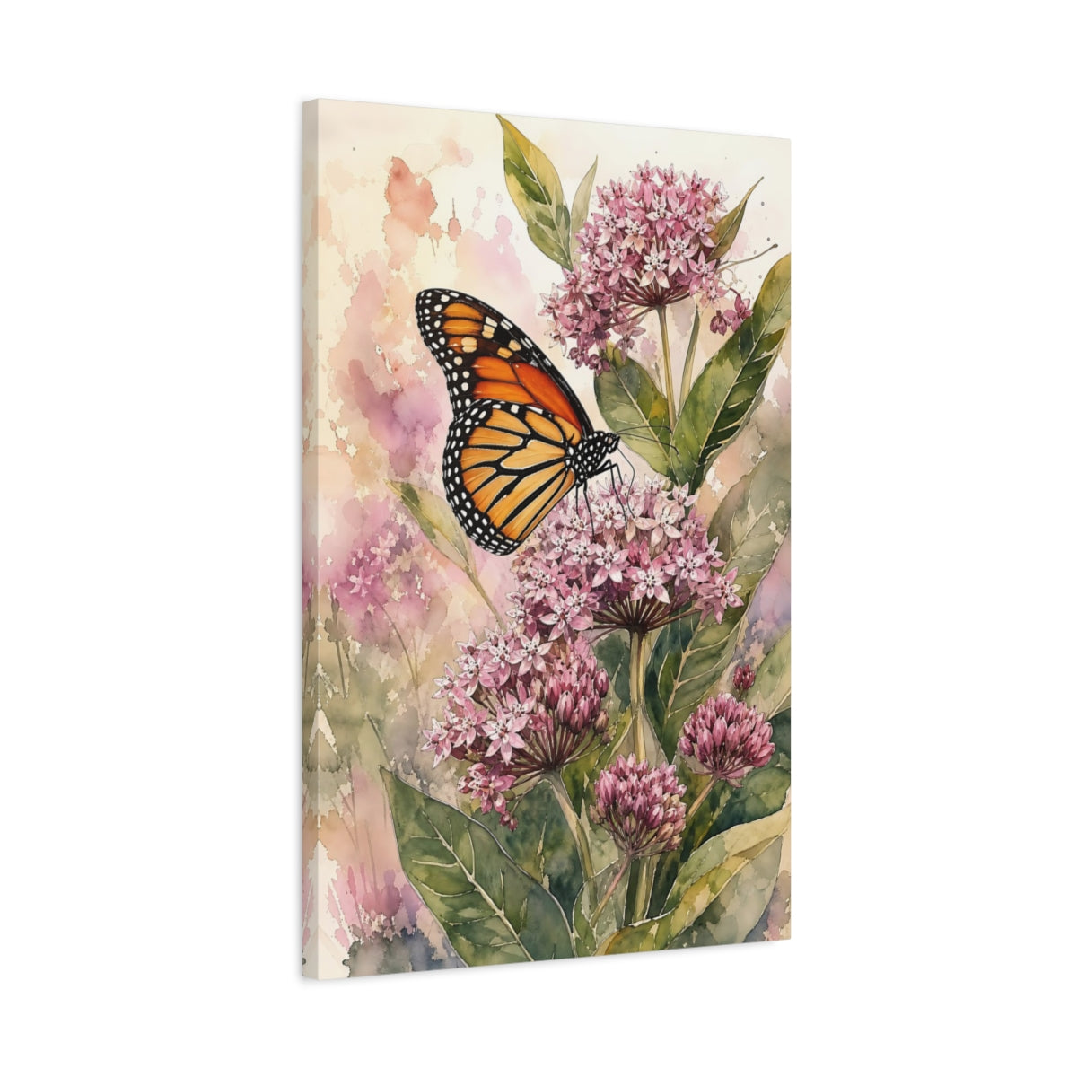 Side Mockup 2. Nature Monarch Butterfly Pink Monarch Floral shown as stretched canvas wall art