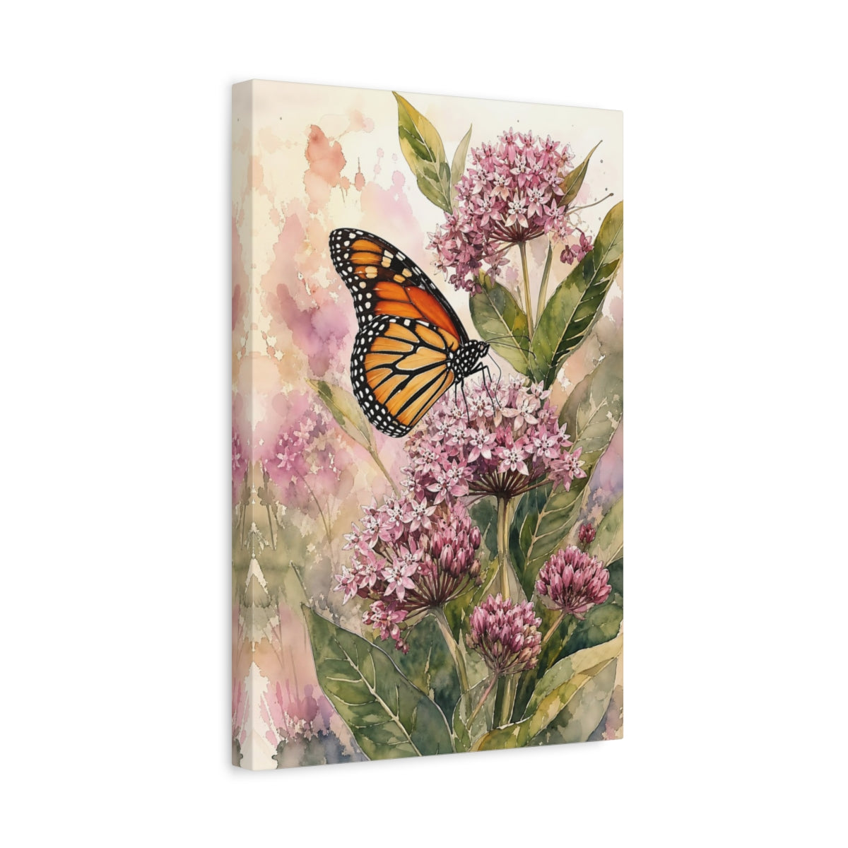 Side Mockup 4. Nature Monarch Butterfly Pink Monarch Floral shown as stretched canvas wall art