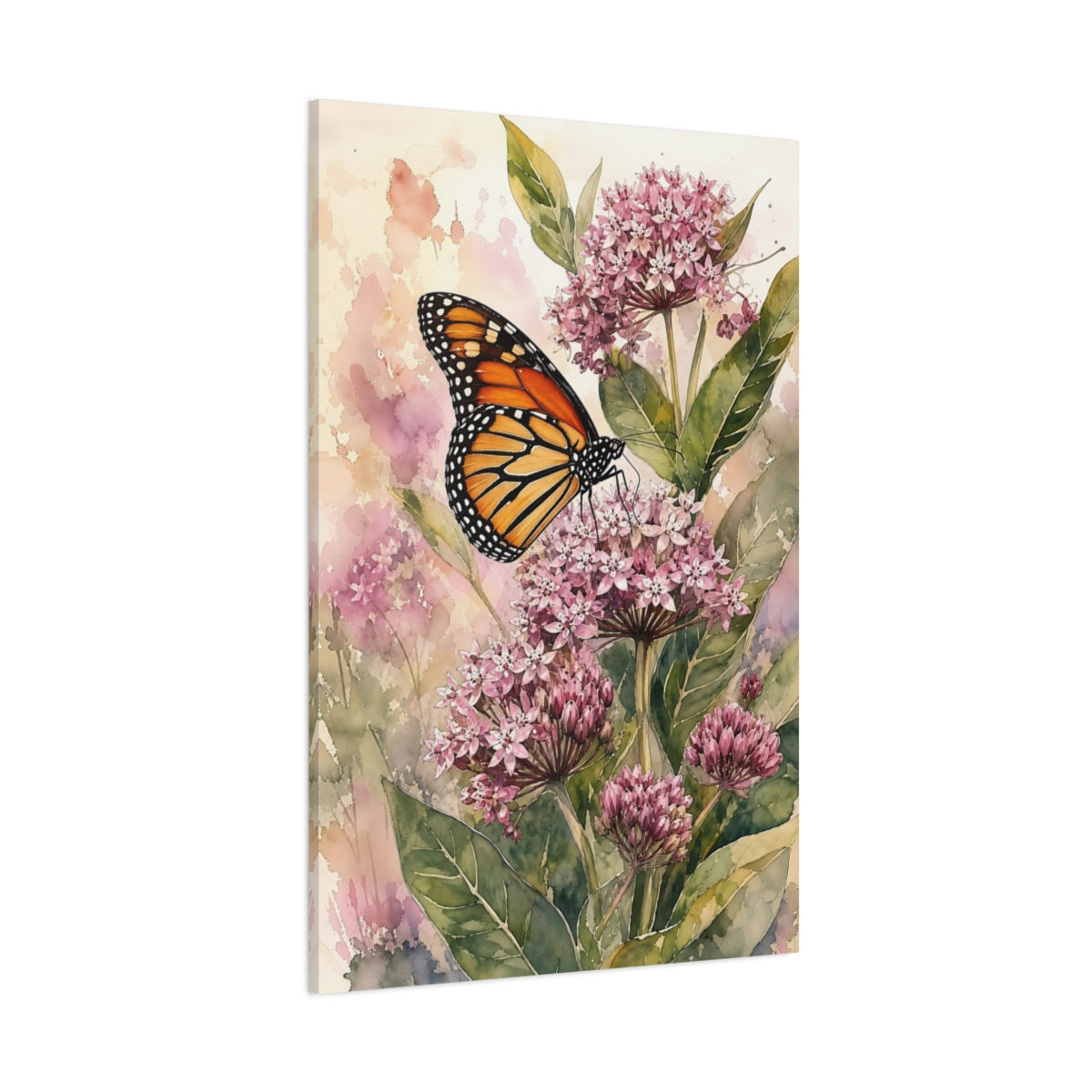 Side Mockup 1. Nature Monarch Butterfly Pink Monarch Floral shown as stretched canvas wall art