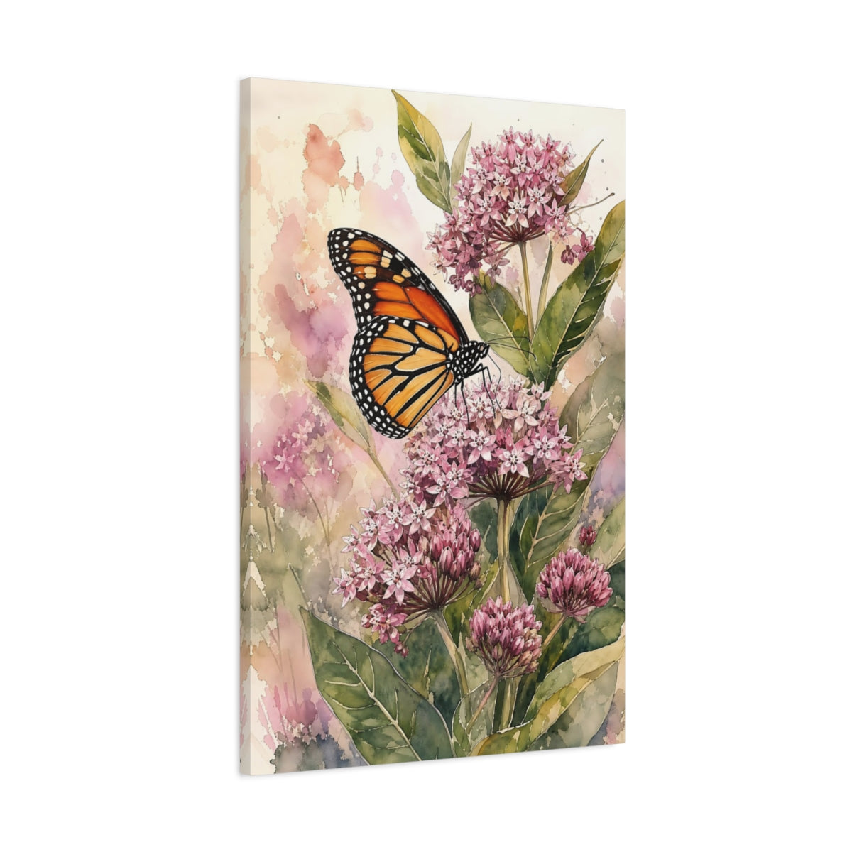 Main Mockup. Nature Monarch Butterfly Pink Monarch Floral shown as stretched canvas wall art
