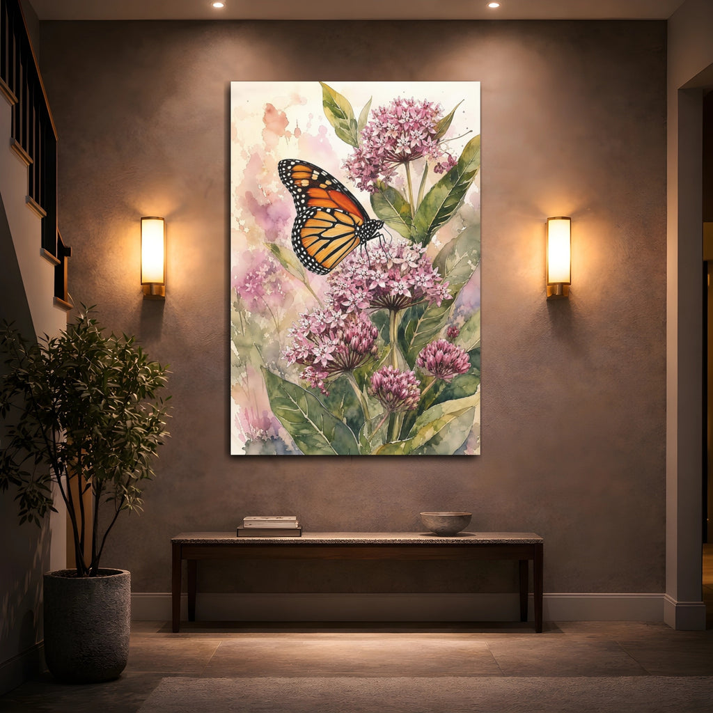 Mockup 2. Nature Monarch Butterfly Pink Monarch Floral shown as stretched canvas wall art