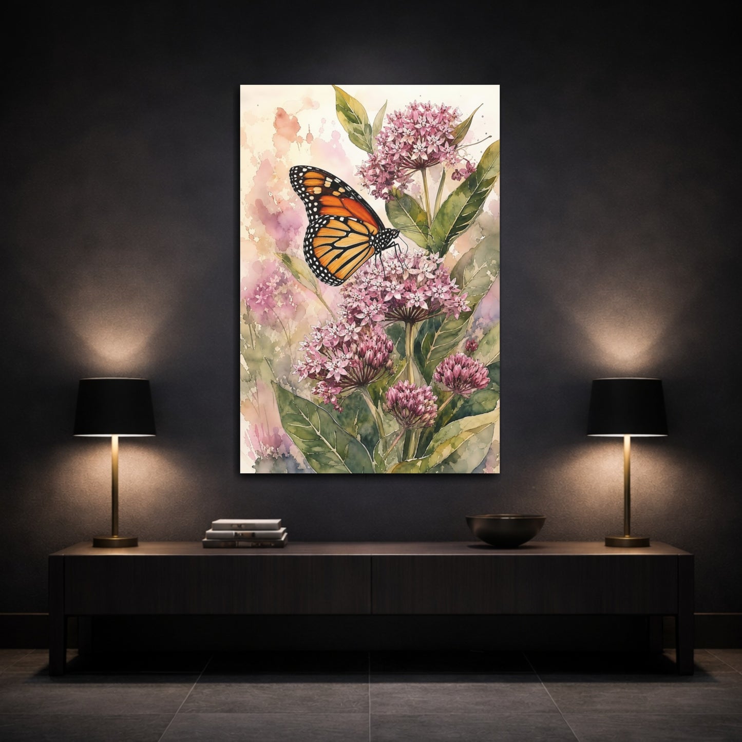 Mockup 3. Nature Monarch Butterfly Pink Monarch Floral shown as stretched canvas wall art