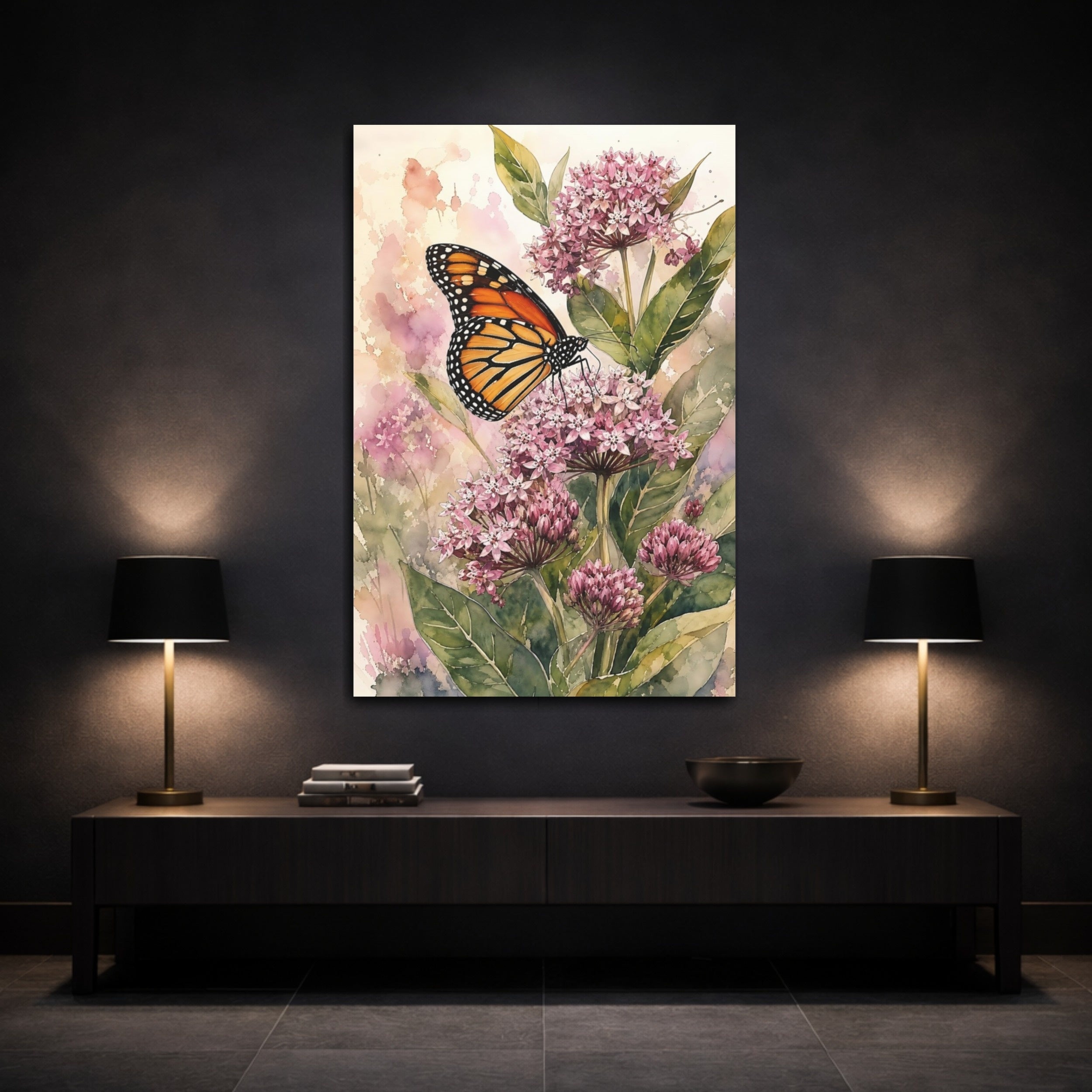 Mockup 3. Nature Monarch Butterfly Pink Monarch Floral shown as stretched canvas wall art