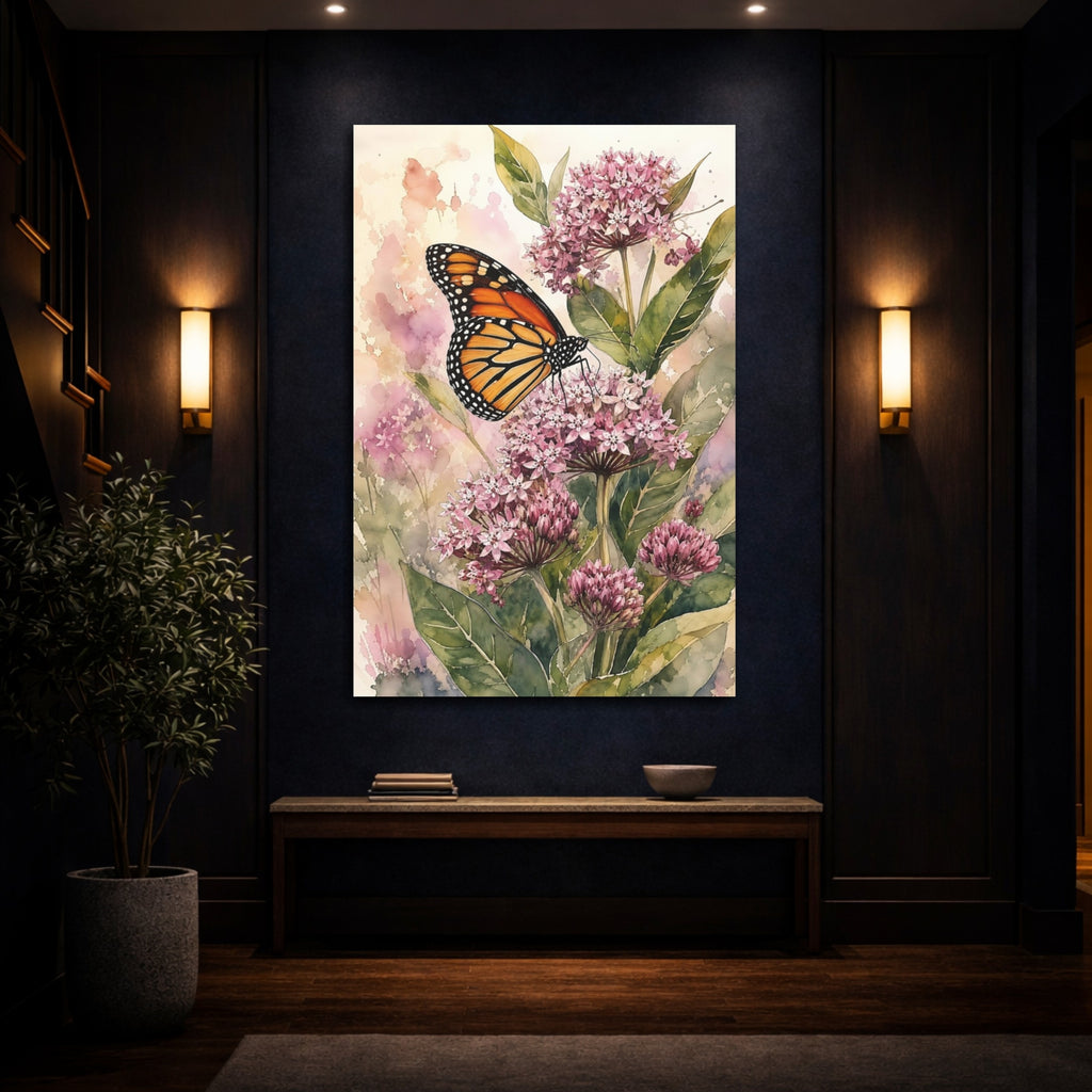 Mockup 4. Nature Monarch Butterfly Pink Monarch Floral shown as stretched canvas wall art
