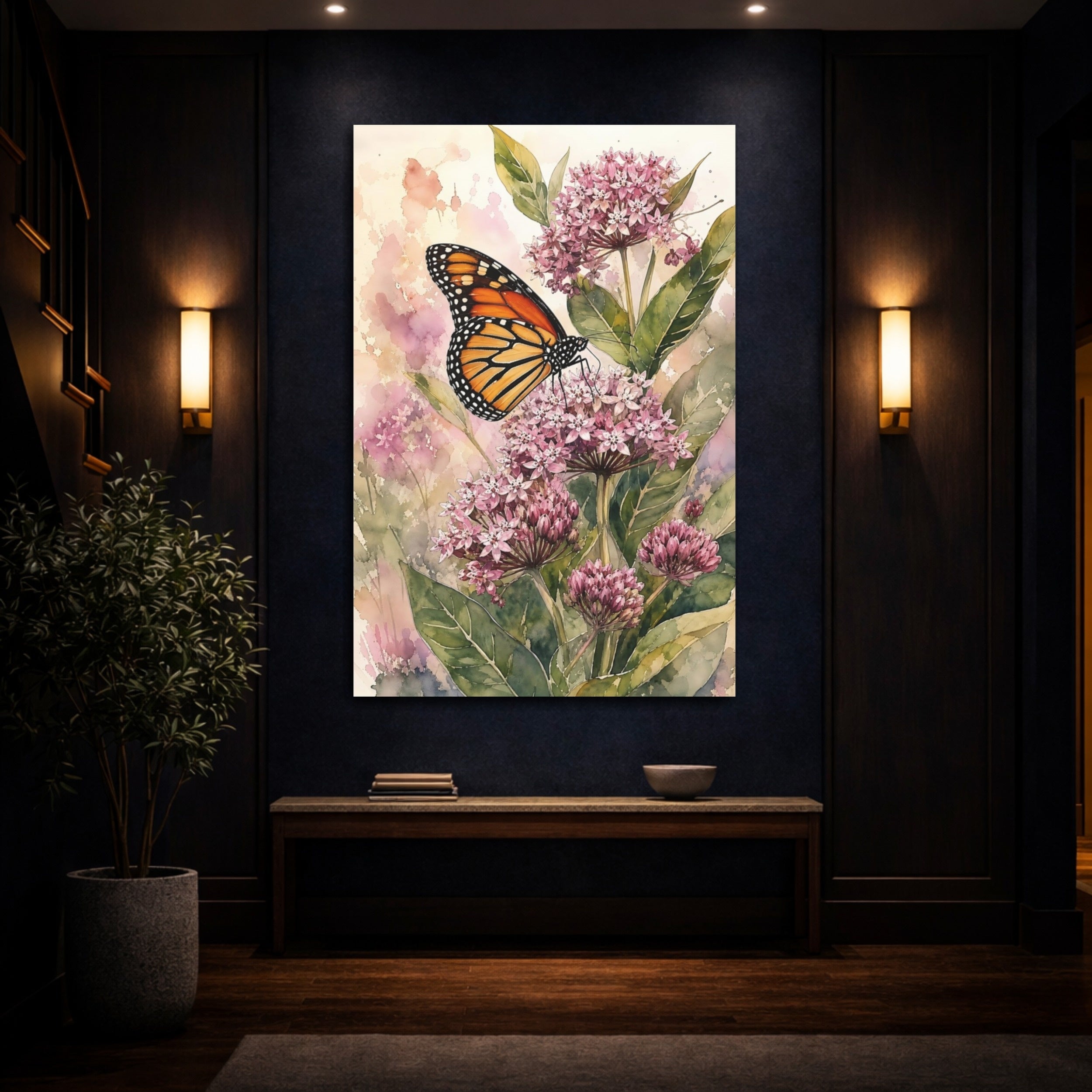 Mockup 4. Nature Monarch Butterfly Pink Monarch Floral shown as stretched canvas wall art