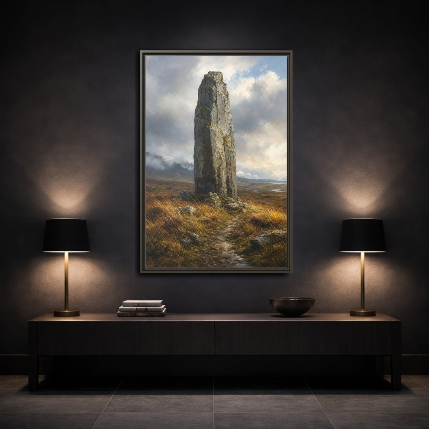 Mockup 3. Nature Monolith Brown And Gray Landscape shown as stretched canvas wall art