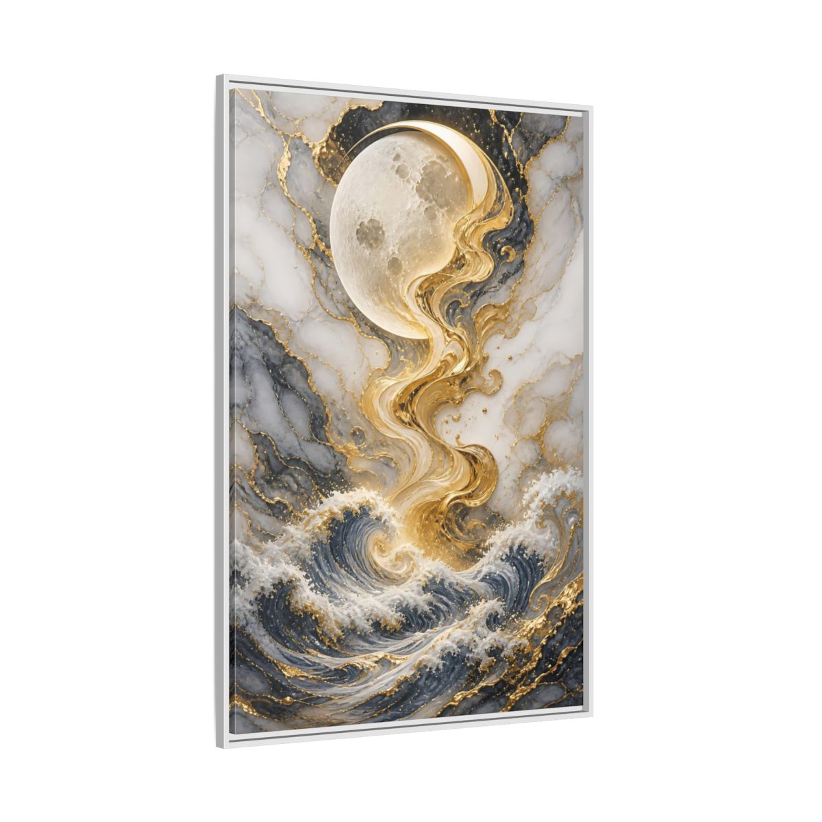 Nature Moon and Waves Blue Gold Framed Canvas Wall Art - Living Room shown as canvas wall art