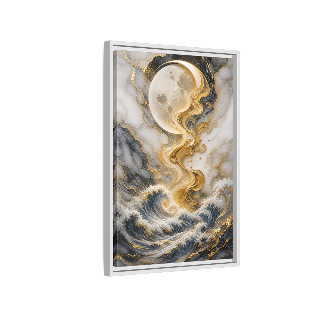 Nature Moon and Waves Blue Gold Framed Canvas Wall Art - Living Room shown as canvas wall art