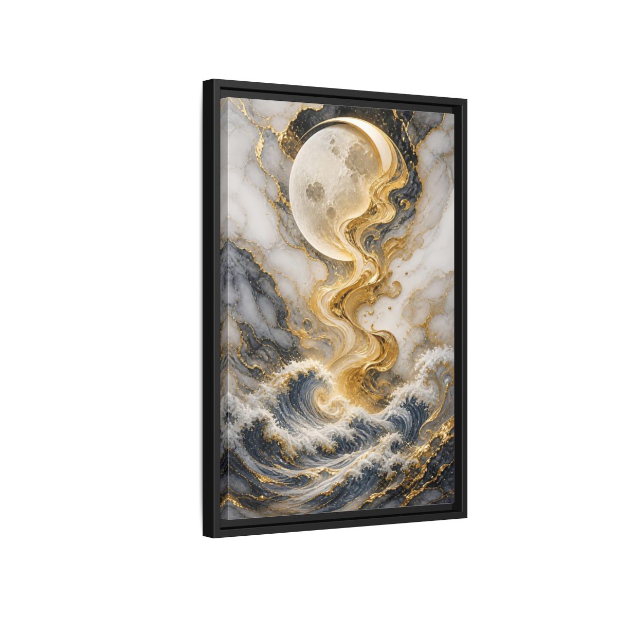 Nature Moon and Waves Blue Gold Framed Canvas Wall Art - Living Room shown as canvas wall art
