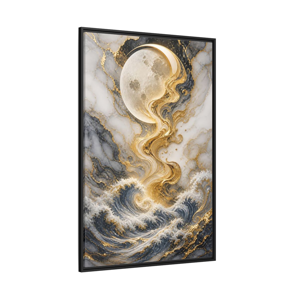 Nature Moon and Waves Blue Gold Framed Canvas Wall Art - Living Room shown as canvas wall art