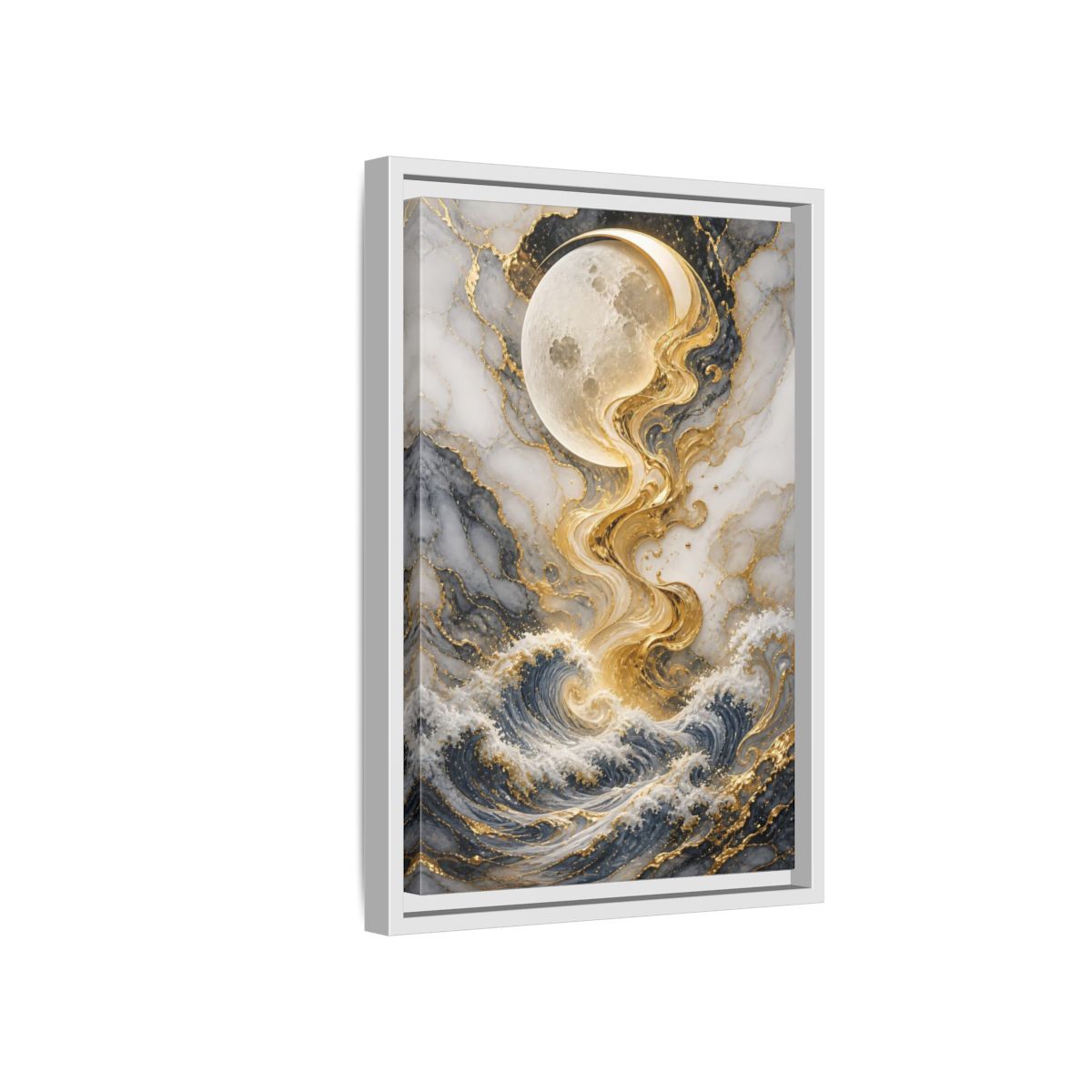 Nature Moon and Waves Blue Gold Framed Canvas Wall Art - Living Room shown as canvas wall art