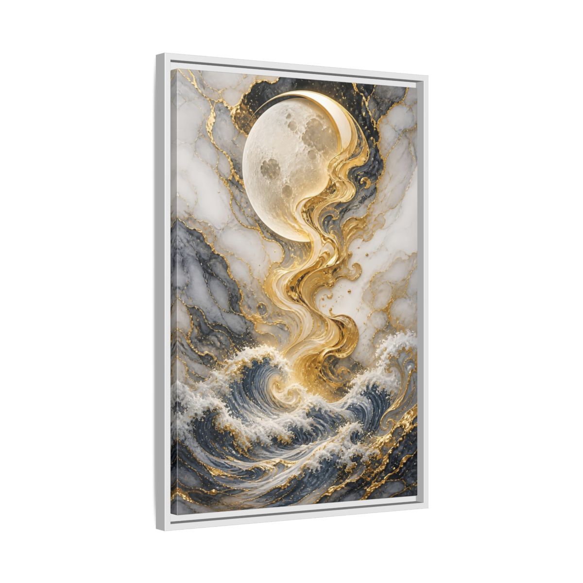 Nature Moon and Waves Blue Gold Framed Canvas Wall Art - Living Room shown as canvas wall art