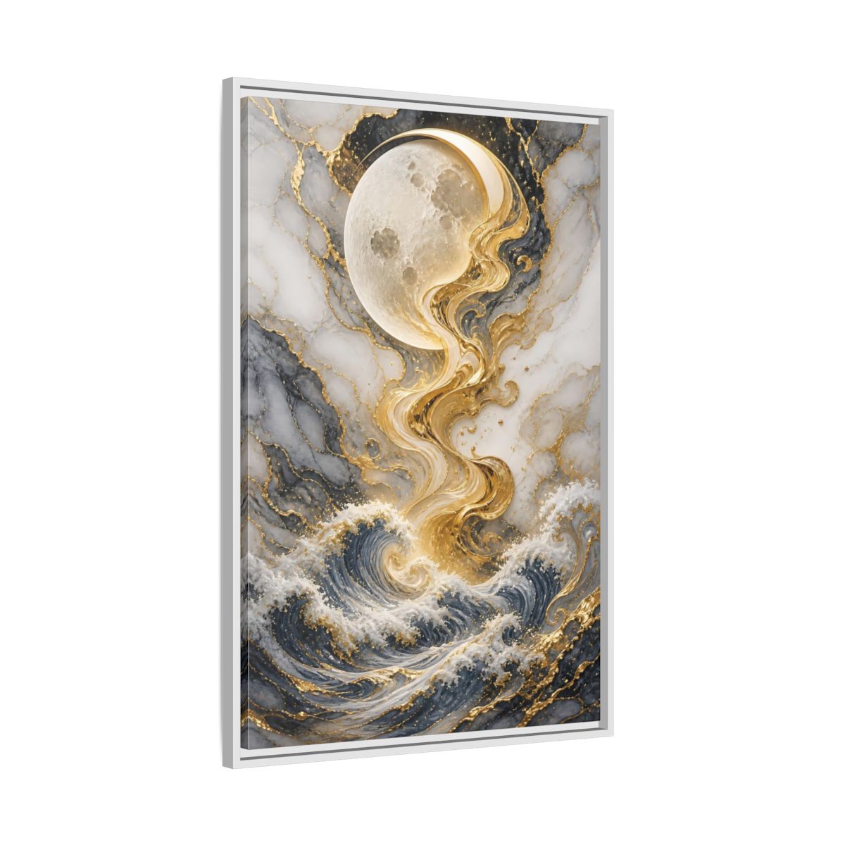 Nature Moon and Waves Blue Gold Framed Canvas Wall Art - Living Room shown as canvas wall art