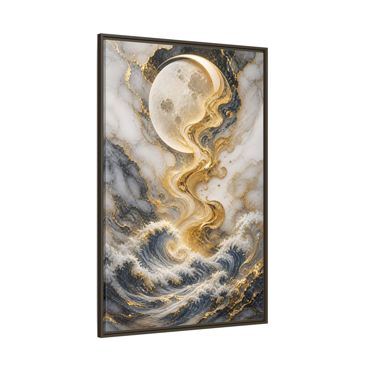 Nature Moon and Waves Blue Gold Framed Canvas Wall Art - Living Room shown as canvas wall art