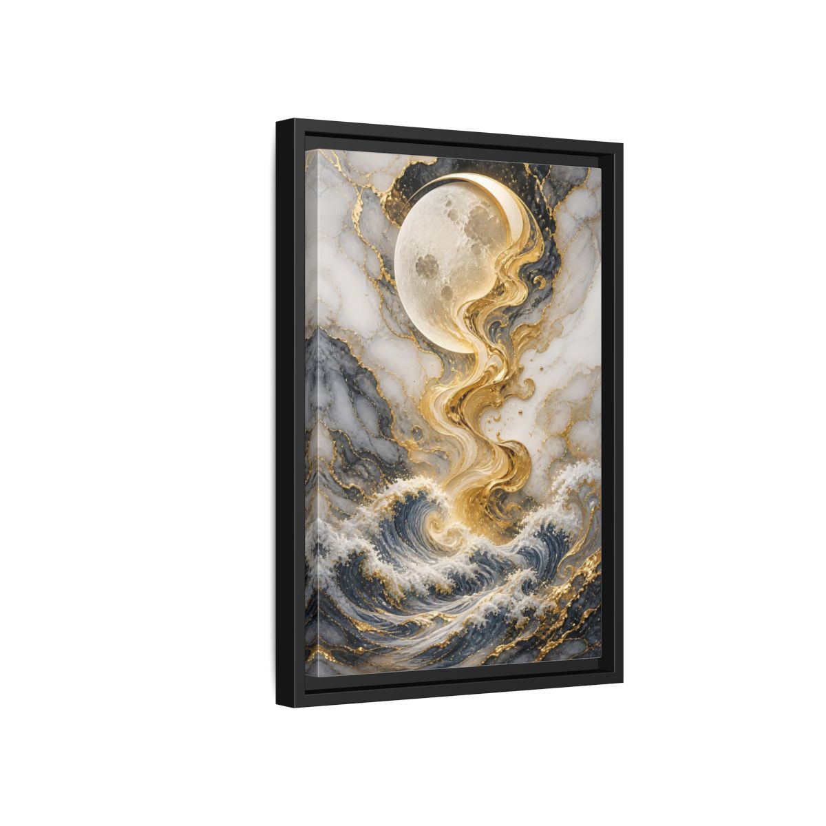 Nature Moon and Waves Blue Gold Framed Canvas Wall Art - Living Room shown as canvas wall art