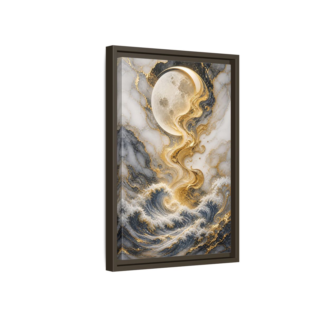 Nature Moon and Waves Blue Gold Framed Canvas Wall Art - Living Room shown as canvas wall art