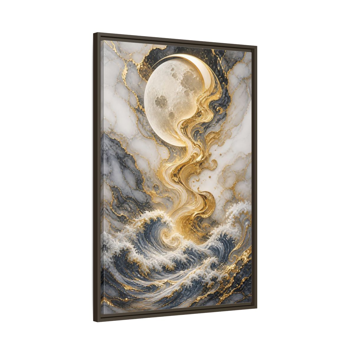 Nature Moon and Waves Blue Gold Framed Canvas Wall Art - Living Room shown as canvas wall art