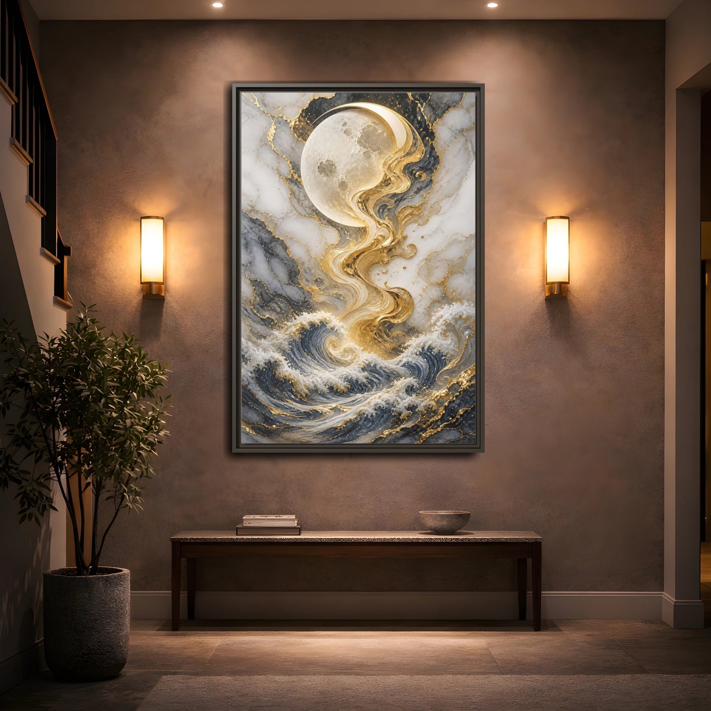 Nature Moon and Waves Blue Gold Framed Canvas Wall Art - Living Room shown as canvas wall art