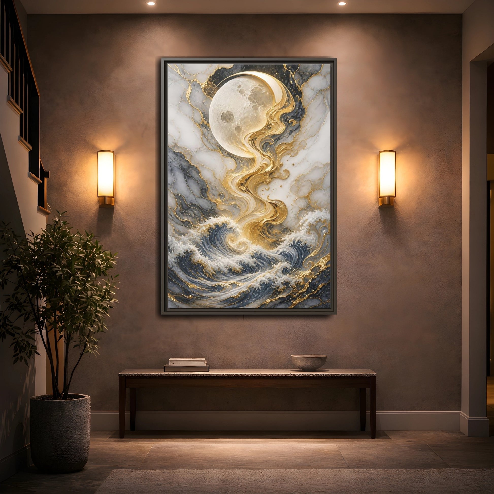 Nature Moon and Waves Blue Gold Framed Canvas Wall Art - Living Room shown as canvas wall art