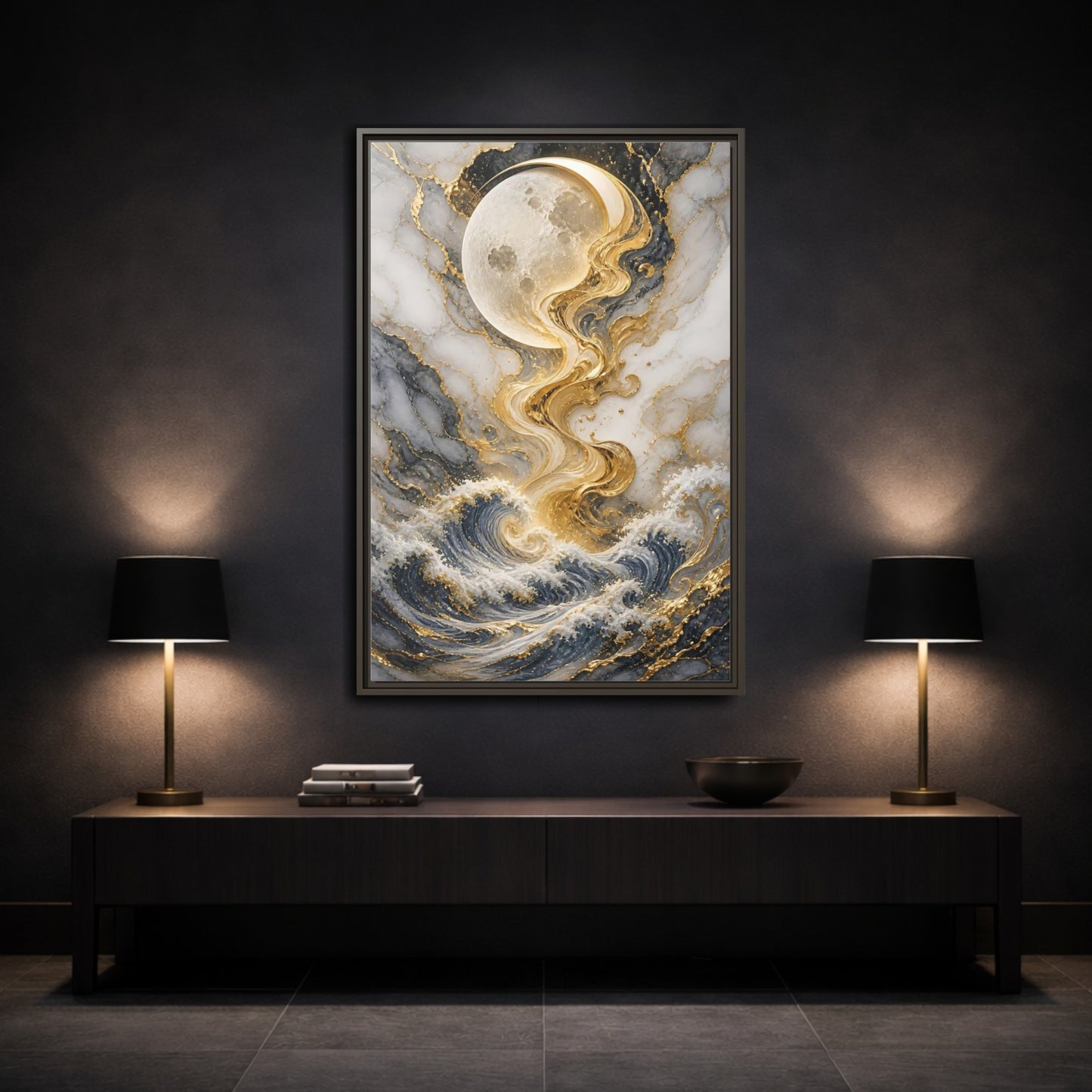 Nature Moon and Waves Blue Gold Framed Canvas Wall Art - Living Room shown as canvas wall art