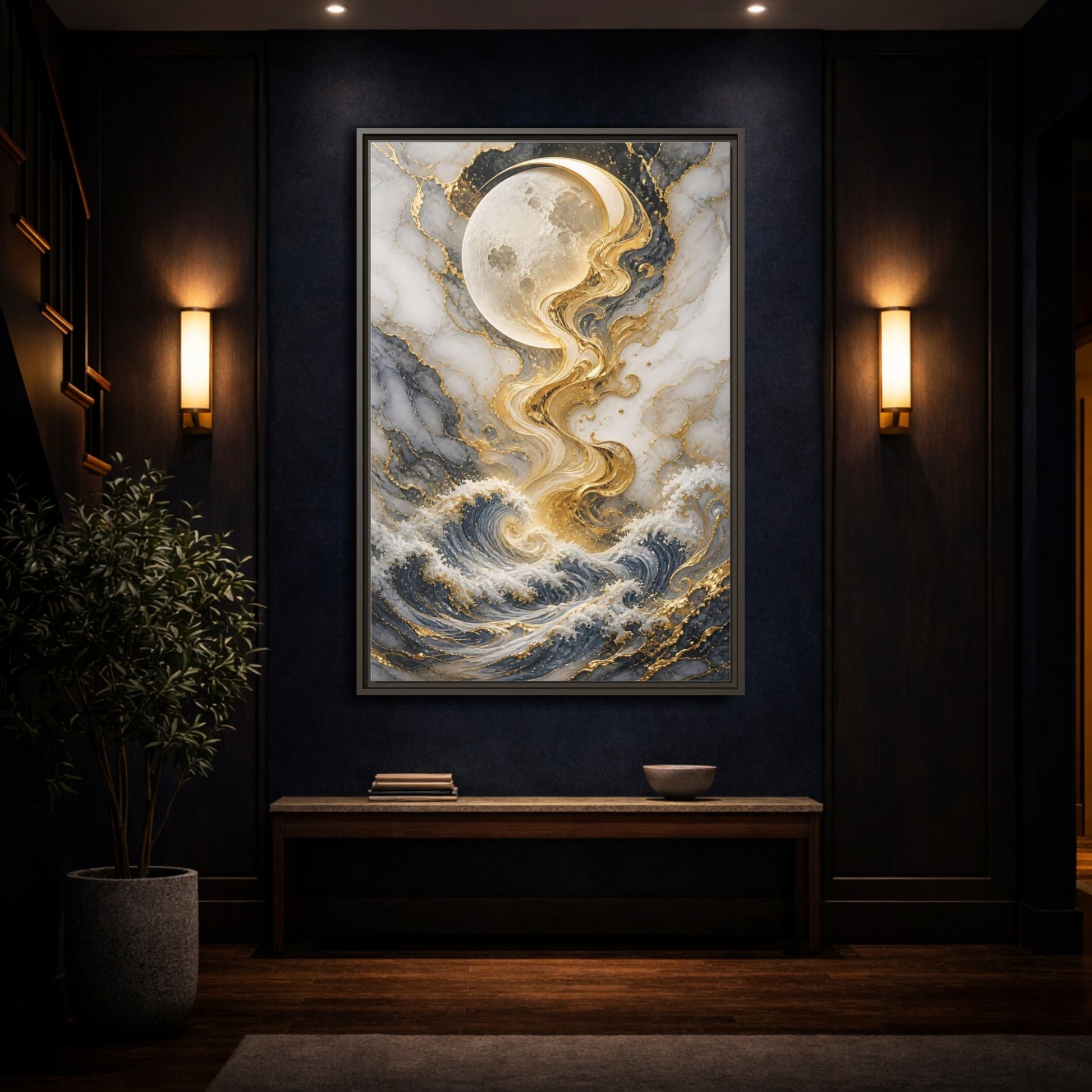 Nature Moon and Waves Blue Gold Framed Canvas Wall Art - Living Room shown as canvas wall art