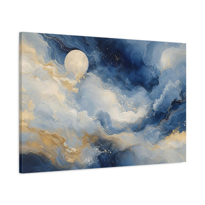 Main Mockup. Nature Moon Blue And Gold shown as stretched canvas wall art