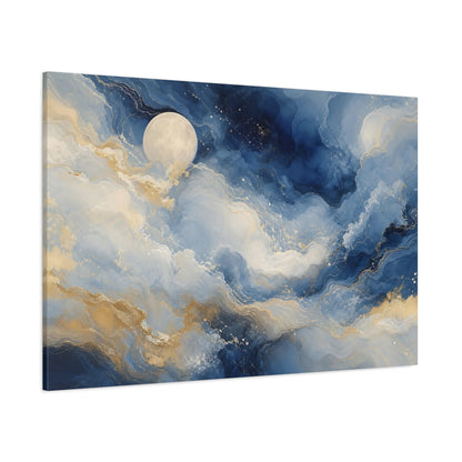 Side Mockup 1. Nature Moon Blue And Gold shown as stretched canvas wall art