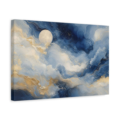 Side Mockup 4. Nature Moon Blue And Gold shown as stretched canvas wall art