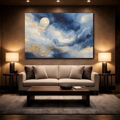 Mockup 2. Nature Moon Blue And Gold shown as stretched canvas wall art