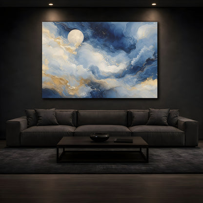 Mockup 3. Nature Moon Blue And Gold shown as stretched canvas wall art