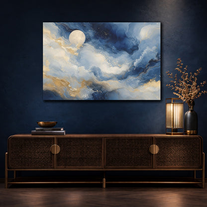 Mockup 4. Nature Moon Blue And Gold shown as stretched canvas wall art