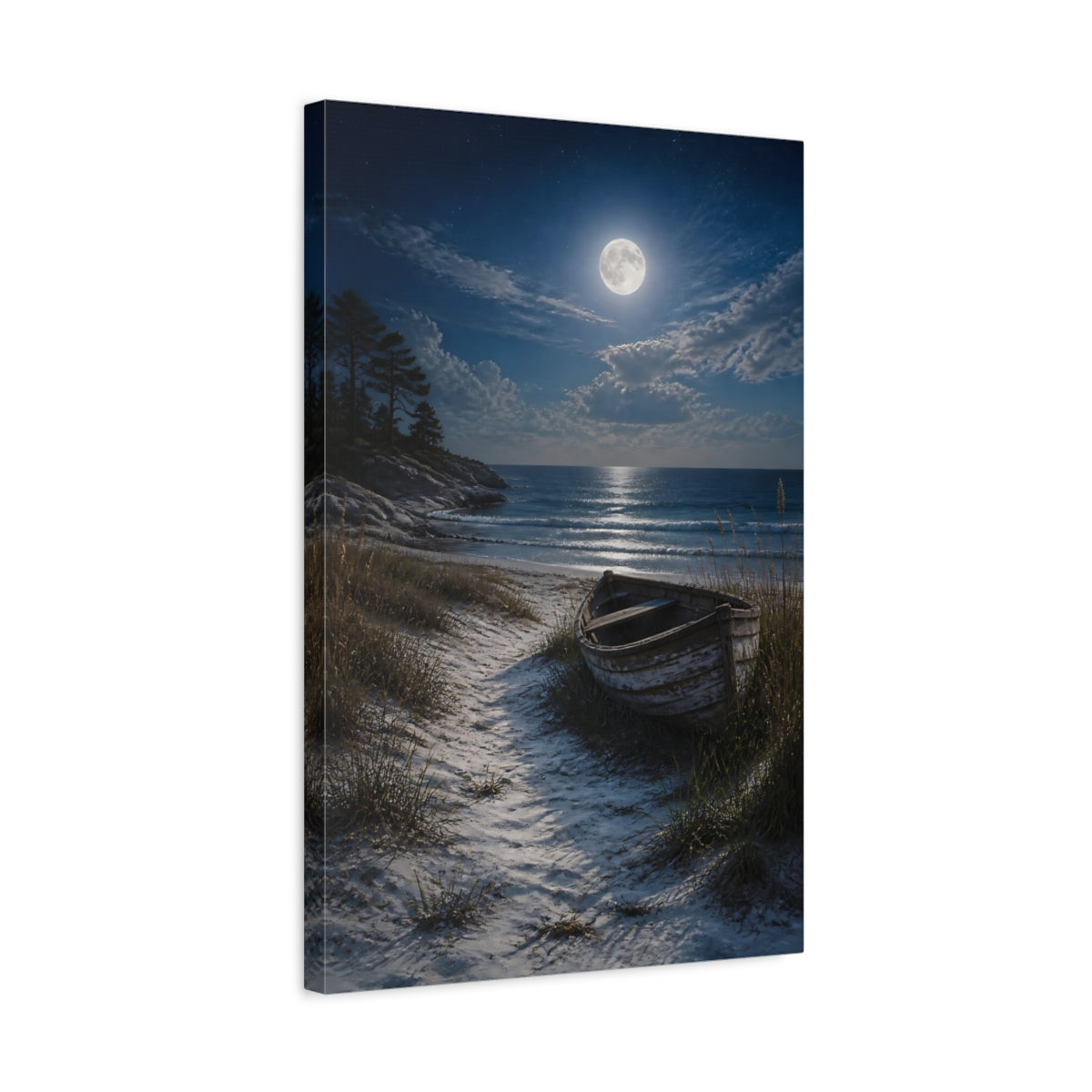Side Mockup 3. Nature Moon, Boat Moonlit Beach shown as stretched canvas wall art