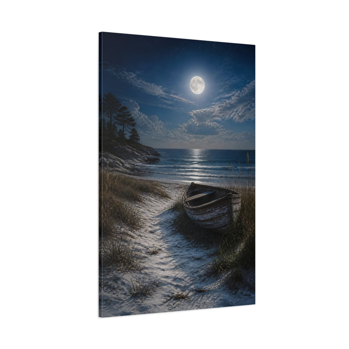 Side Mockup 1. Nature Moon, Boat Moonlit Beach shown as stretched canvas wall art
