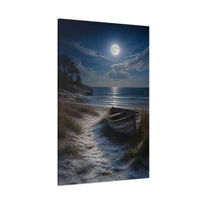Side Mockup 1. Nature Moon, Boat Moonlit Beach shown as stretched canvas wall art